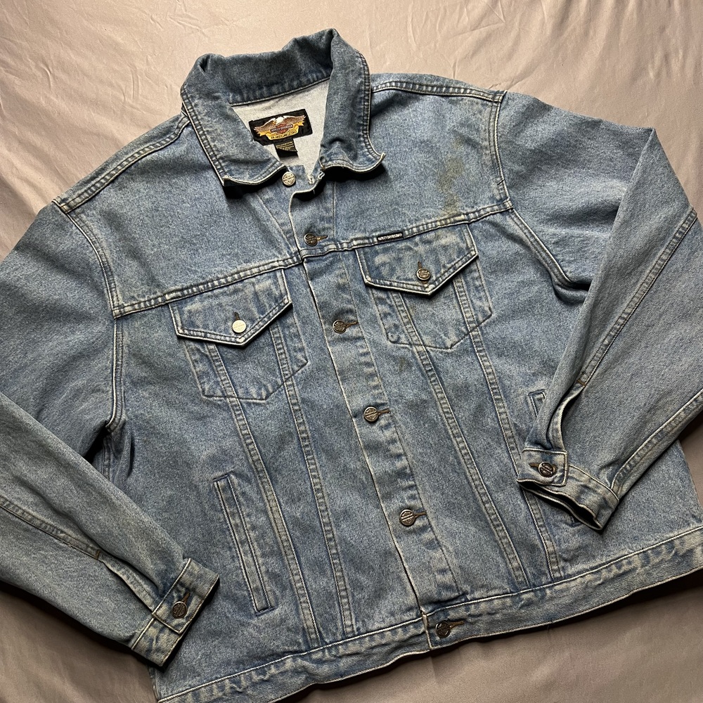 Harley-Davidson Men's Blue Denim Jacket Size XL Biker Embroidered Back Patch
